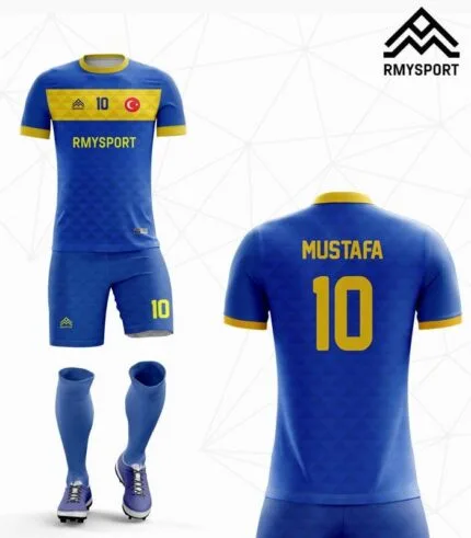 RM109 sarı göğüs bantlı mavi futbol forması ön ve arka sunum