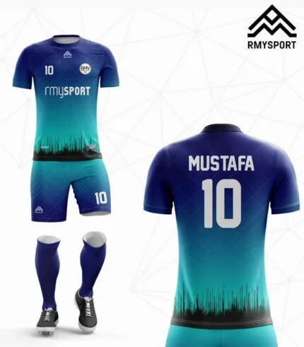 RM123 mavi turkuaz halı saha forması ön ve arka görünüm 2